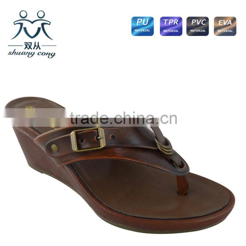 newest ladies PU flip flop high heel wedge slipper shoes with metal belt wholesale