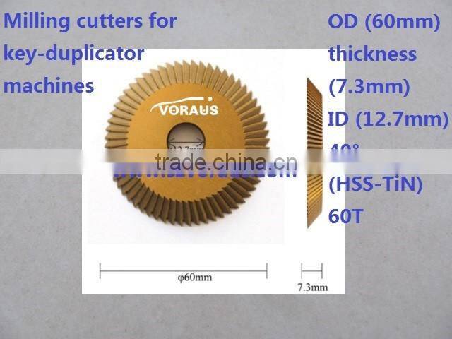 Milling cutters for key-duplicator machines OD (60mm) thickness (7.3mm) ID (12.7mm) (HSS-TiN) 60T