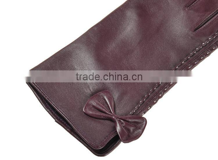 Simple and lovely purple threading bowknot threading girls sheepskin leather glove