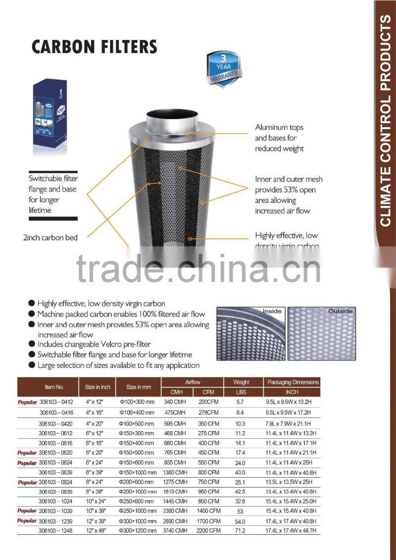 Switchable Flange & Base Hydroponics Odor Control 4inch / 5inch / 6inch / 8inch / 10inch / 12inch Activated Carbon Air Filter