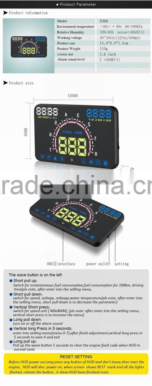 Latest Automotive E350 5.8" Inch Car OBD2 Headup LED OBD2 Display HUD