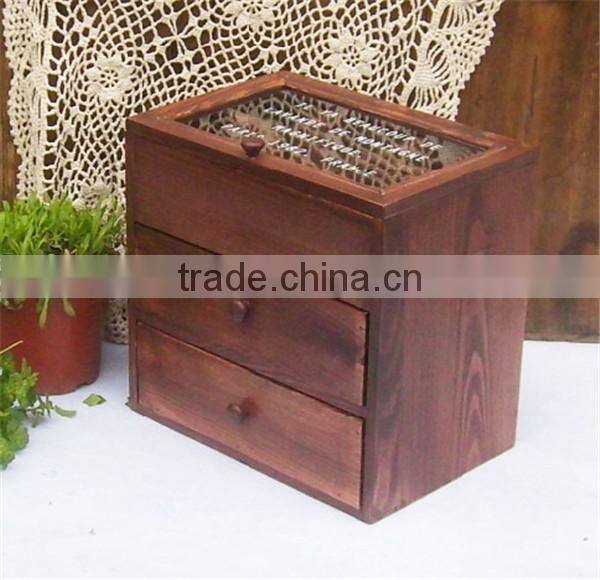 Vintage Small Wooden Cabinet Box With 6 Grids and 2 Drawer Glass Cover Storage Box Old Style Wood Craft Home Decoration 25*17*2