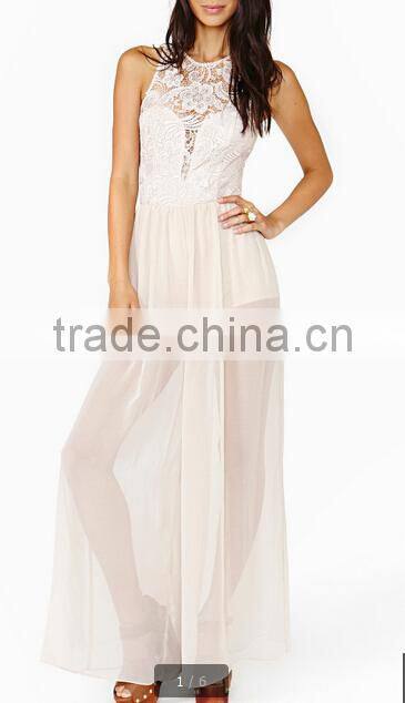 2014 new fashion white sexy see though Lace Jumpsuit with elegant long chiffon pants