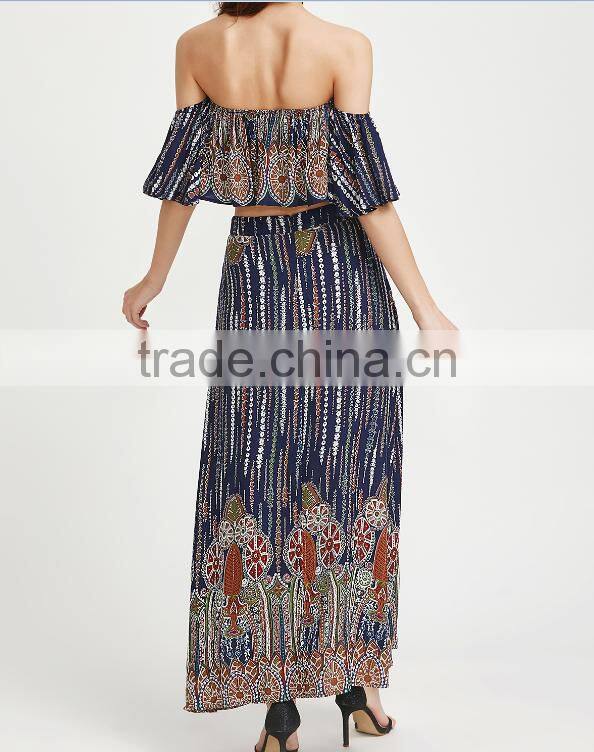 Multicolor vintage print off shoulder two piece set boho ruffle top and long skirt