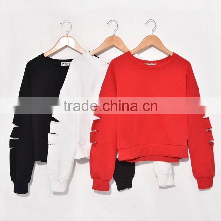 Custom latest design 100% cotton ripped cut long sleeve blank oversized sweatshirt for women