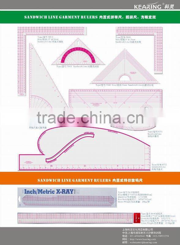 60cm&24" straight flexible 1.2mm thickness sandwich line plastic garment ruler for sewing design#8097