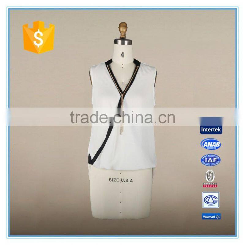 Tops For Women 2016 Cross Over Sleeveless Chiffon Blouse Cheap With Gold Chain