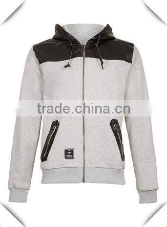 good quality mens grey plain zip-up hoodies with leather patches and hood