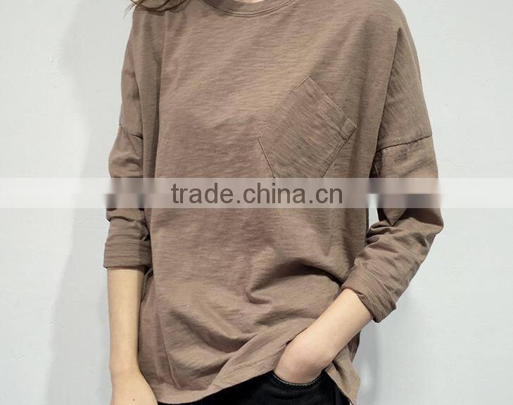 2016 new fashion long sleeve casual women t-shirt with pocket wholesale