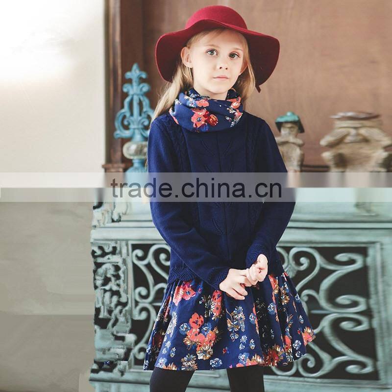 S60719B Baby Girls Knitted Dresses Long Sleeve Bow Kids 2PCS