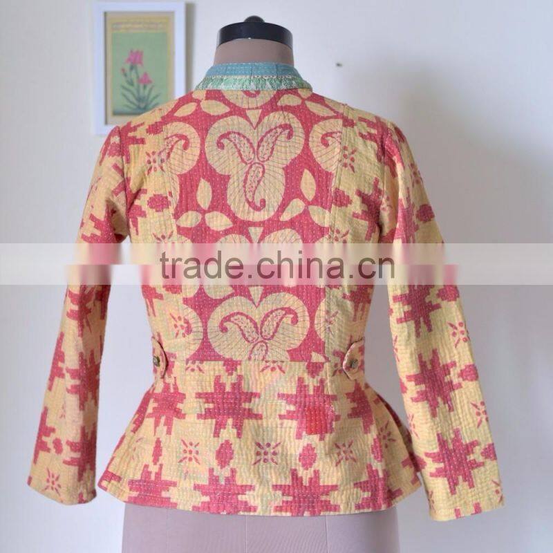 Handmade Kantha Boho Jacket in Green & Burnt Orange print ~ Small