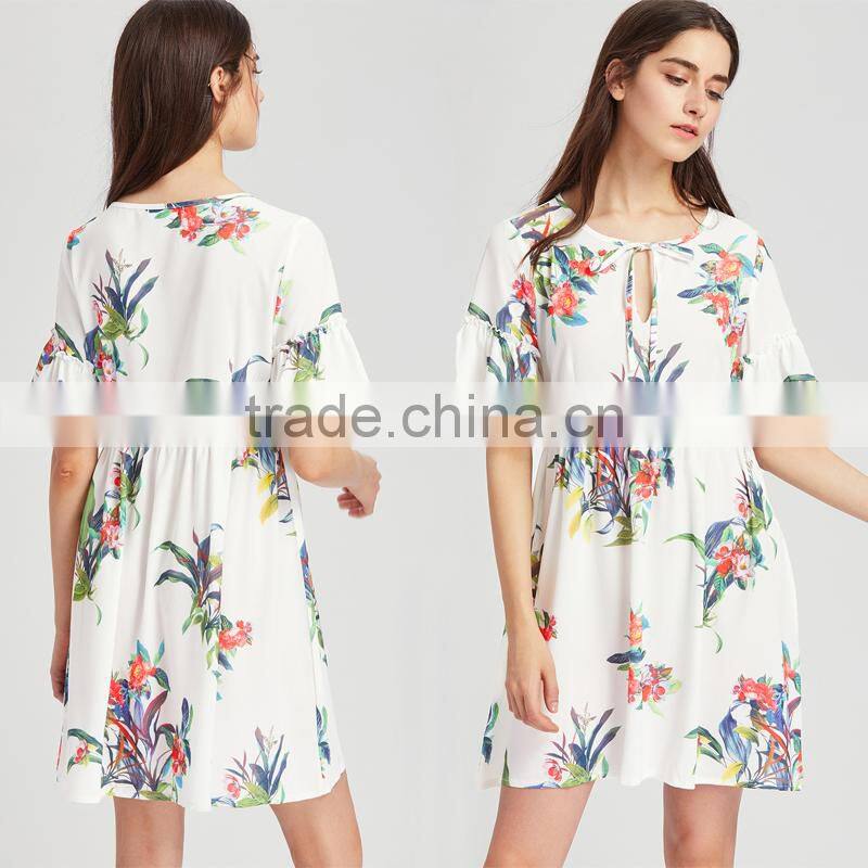 WHITE Flower designed short dress, women chiffon short sleeve dress