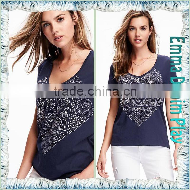 2016 New Designs Wide Open Neck Blue Printing Cotton T Shirts for Sexy Womens