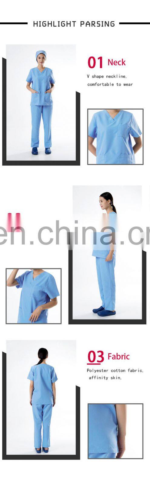 V-neck 3 Pocket Blue Polyester Cotton oem Medical Scrub Suits