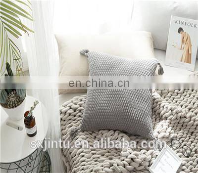 Solid color knit square cushion cover tassel pillowcase