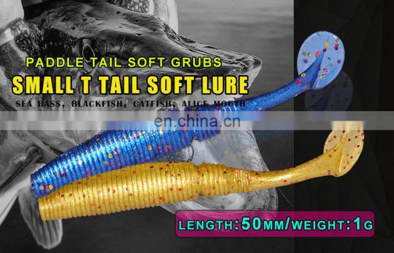 15pcs/bag T Tail Soft Lure 50mm 1g Plastic Fishing Lure Soft Baits Jig Head Texas Rig Bass Fishing Paddle Tail soft Grubs Maggo