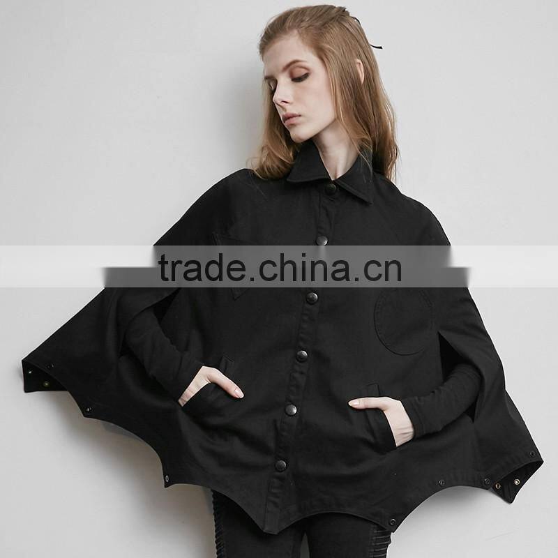 PY-140 PUNK Unique Bat Profile Shape Stand Collar Metal Feel Cloak Trench Coat