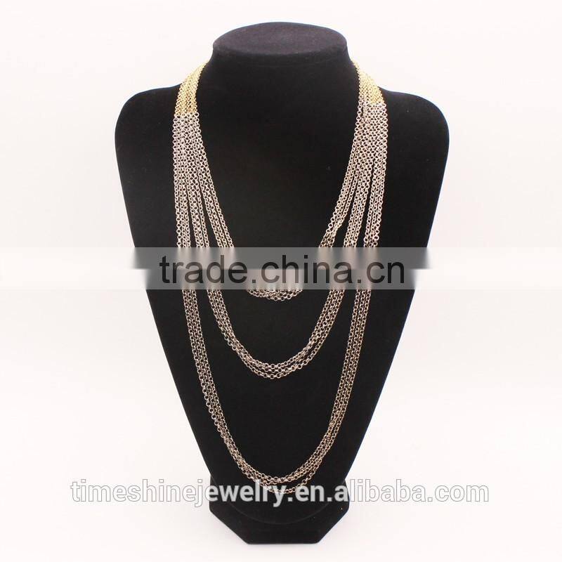 Multi Strand Three Tones Long Chain Necklace