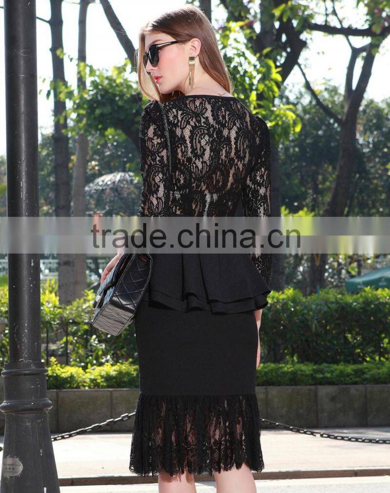 2016 Fashion Women Elegant Women Skirt High Waist Fishtail Midi Skirt with Lace Hem