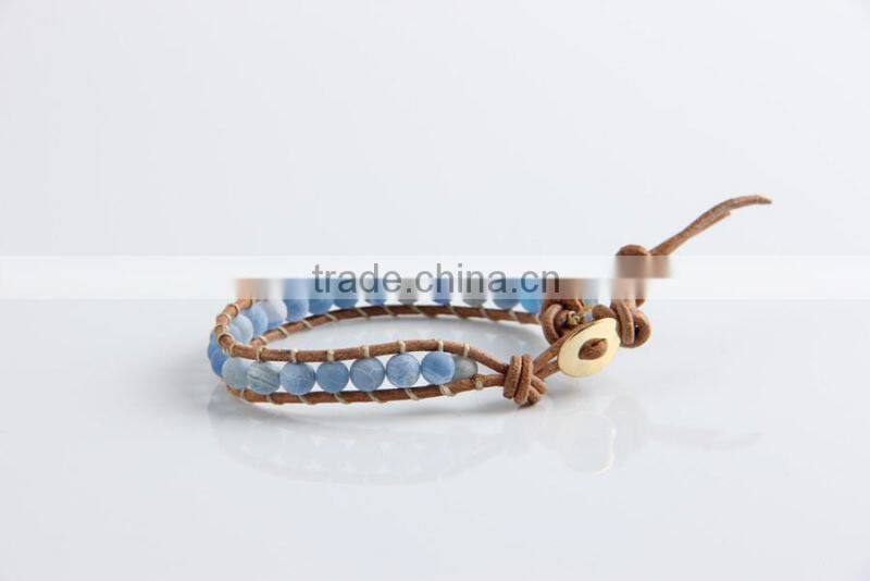 Lap beaded blue frosted agate stone natural leather bracelet for women party jewelry wholesale