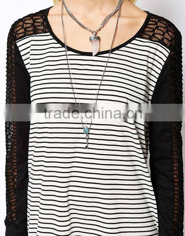 Elements Stripe Fashion Women Tunic With Lace Contrast