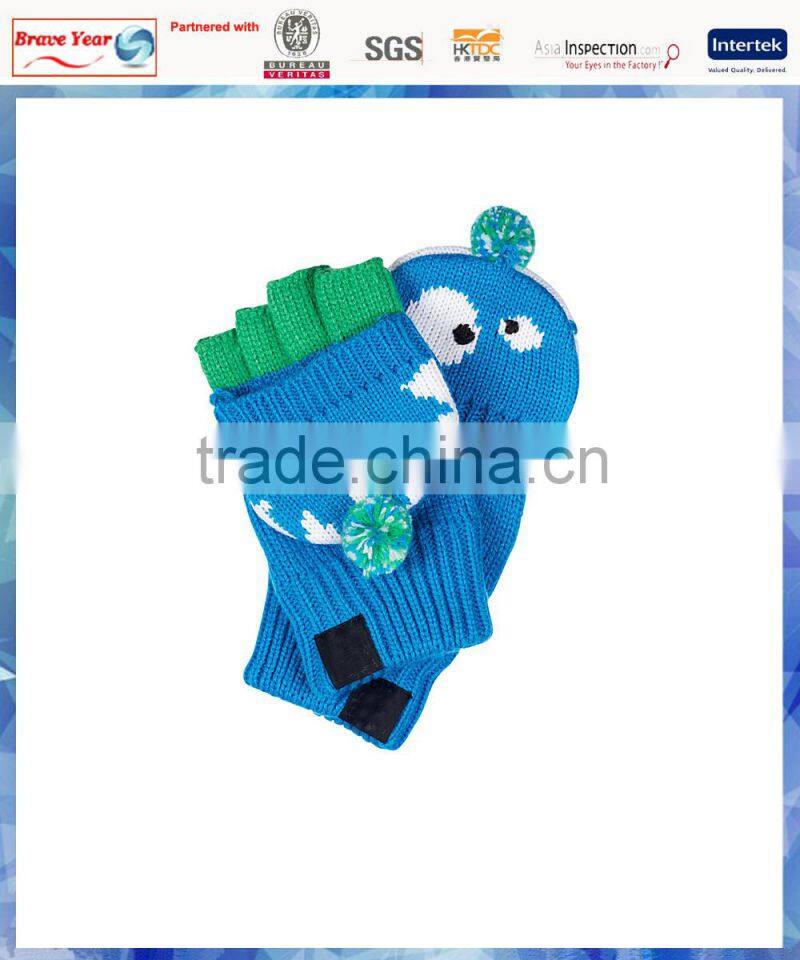 100% acrylic monster knitted Flip Gloves with cute pom for boys