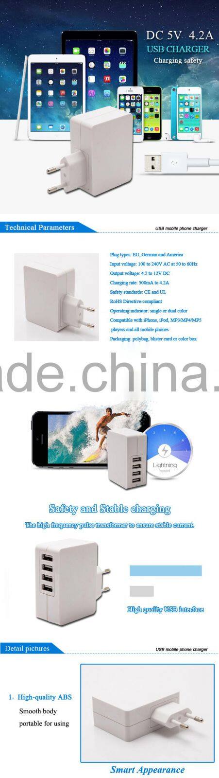 5V 4.2A 4 USB port mobile phone charger | usb travel charger
