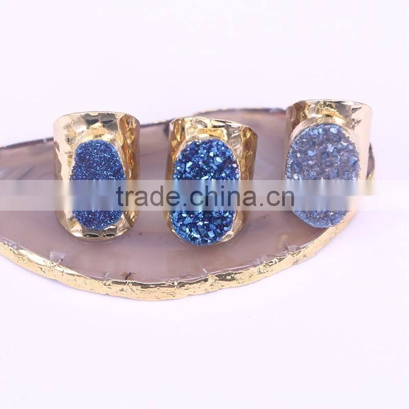 Gold Plated Natural Blue Agate Titanium Druzy Ring Freeform Drusy Gemstone Geode Jewelry Ring