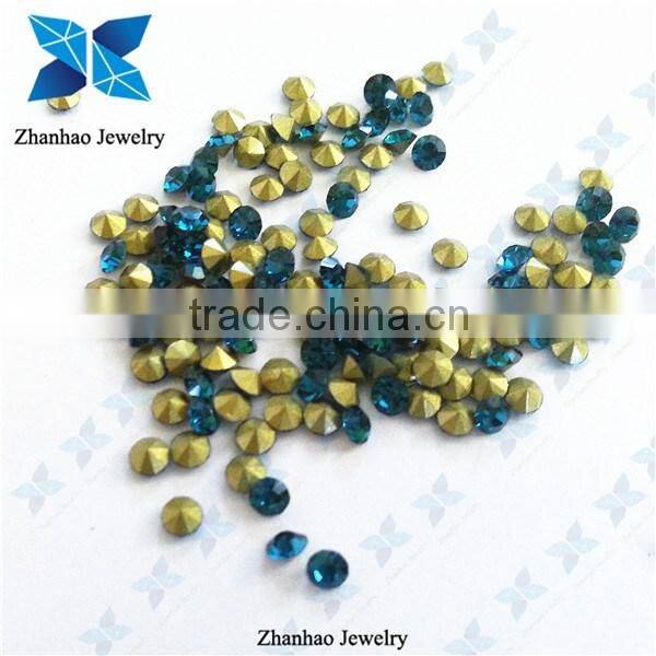 Hot Fix Blue Zircon Colored Plated Point back Glass Chaton Stones