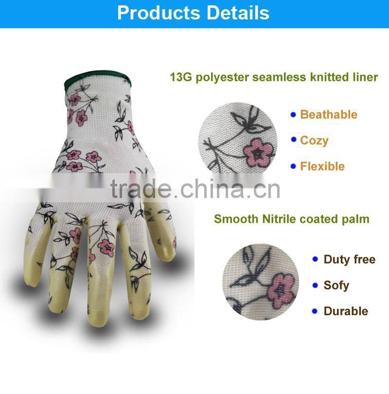 Polyester knitted smooth nitrile coating cheap gardening gloves
