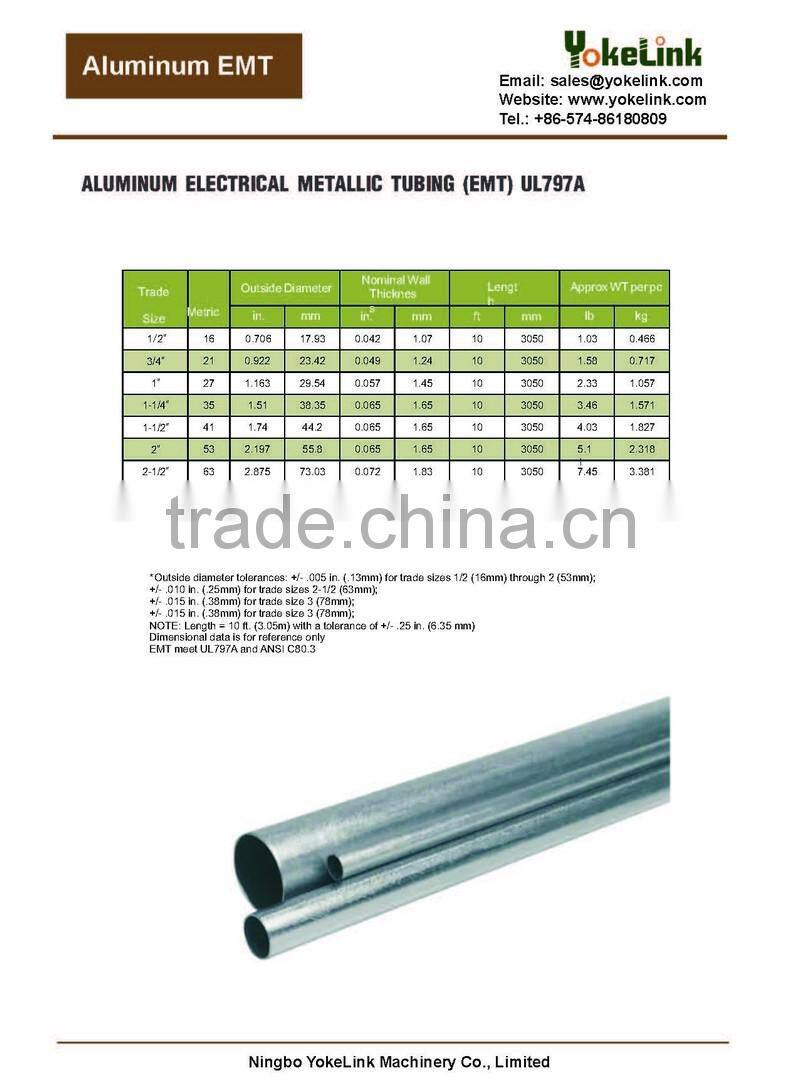 Hot sell 3/4" Tubo Conduit Rigido De Aluminio 6063 With UL6A standard
