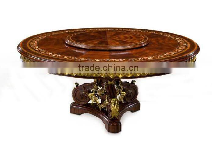American design solid wood hand carved inlay top lazy susan dining table
