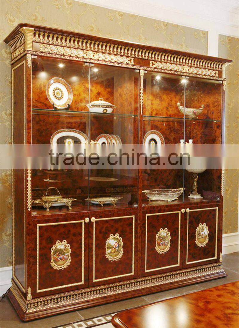 Luxury French Baroque Style Dining Room Glass Sideboard & Hutch/ 4-Door Handmade Carved Kitchen Cupboard Furniture
