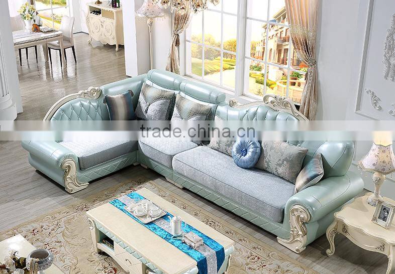 Fabric seat light blue genuine leather corner sofa set