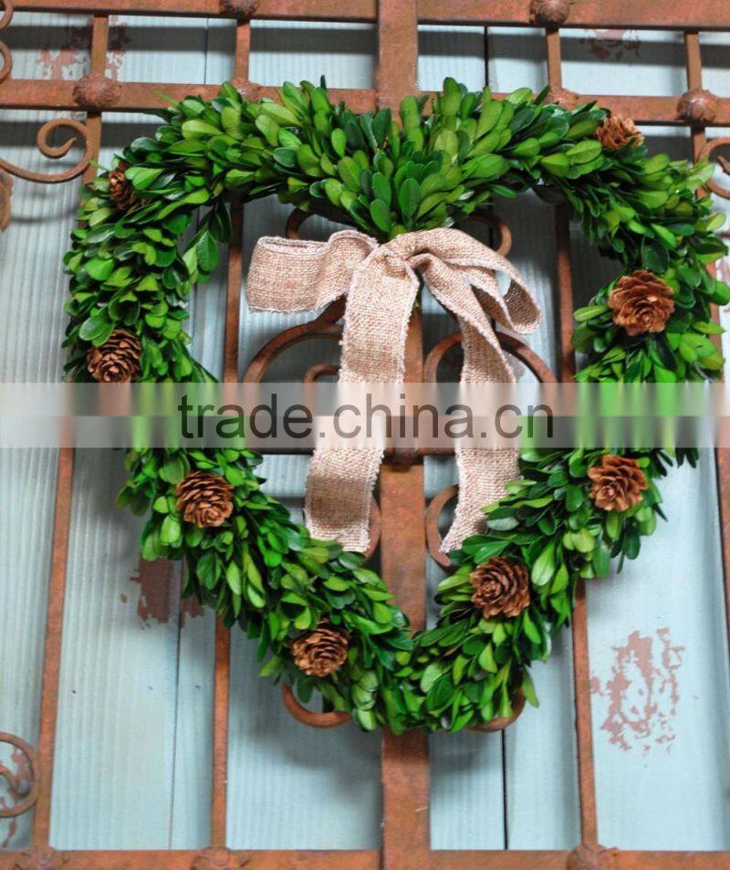 Preserved green boxwood heart with silk bowknot for abroad markets