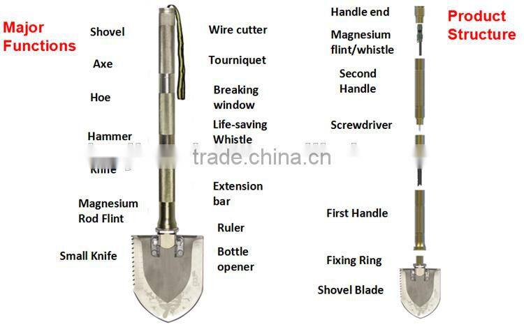 2015 New Concept Outdoor Multifuction Automotive Tools with Shovel Knife Hammer and Hoe