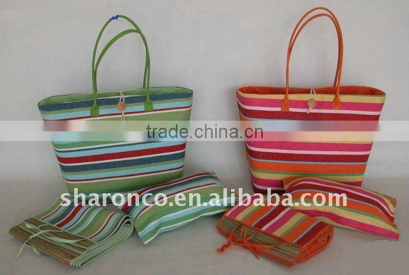 Candy strip paper straw fabric beach bag with handle
