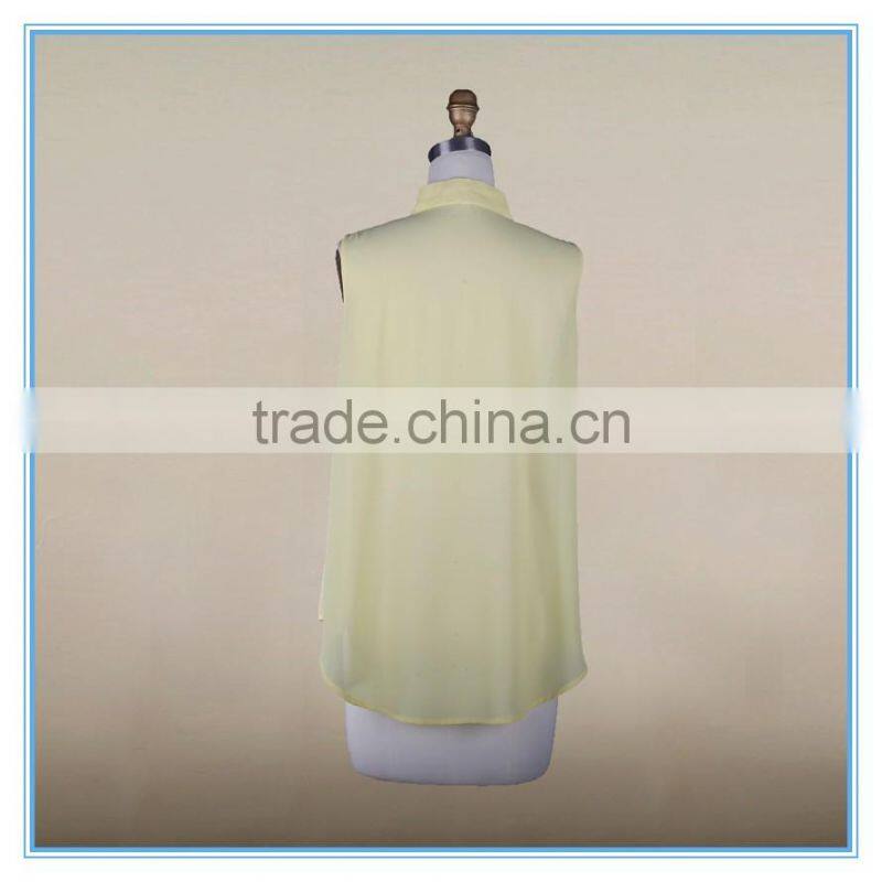 Fashion Ladies Fancy Sleeveless Tops Chiffon Yellow Shirt Pleated Design