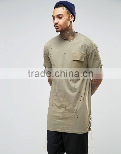 Personalized wholesale import longline distressed t-shirt men OEM, street hip hop wear