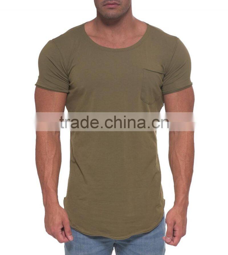 Fashion Pocket Scoop Neck Tee Wholesale Blank Streetwear Elongated T Shirt Longline Short Sleeve Curved Hem T Shirt