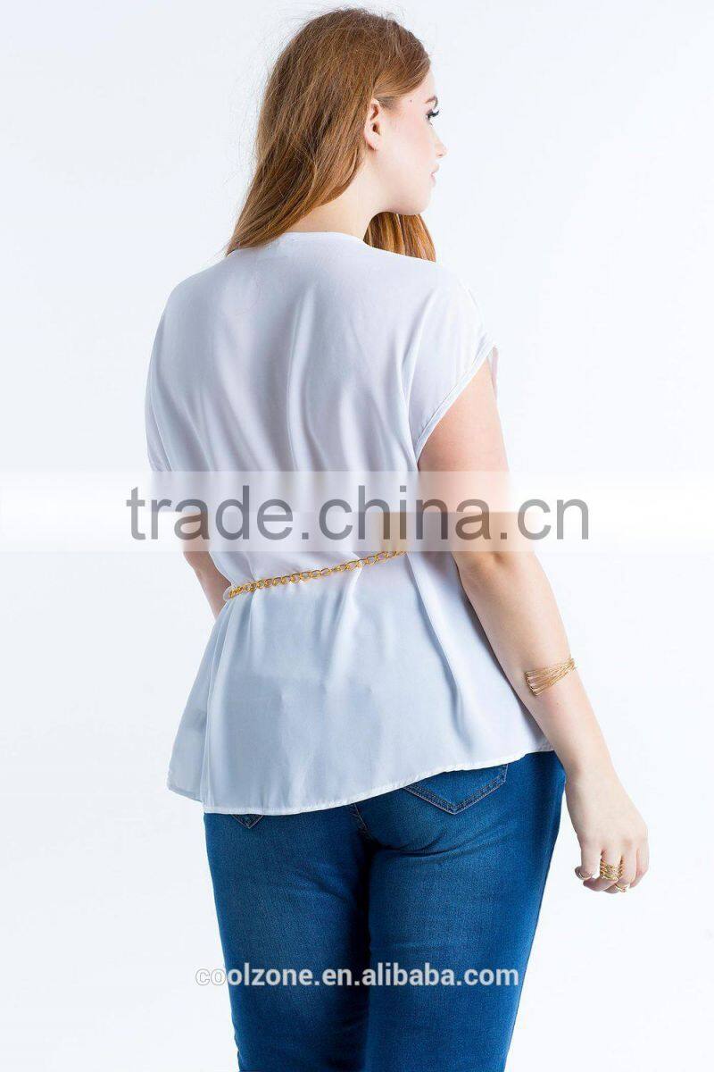 Relaxed V-neck pleated plus size chiffon blouse/woman top
