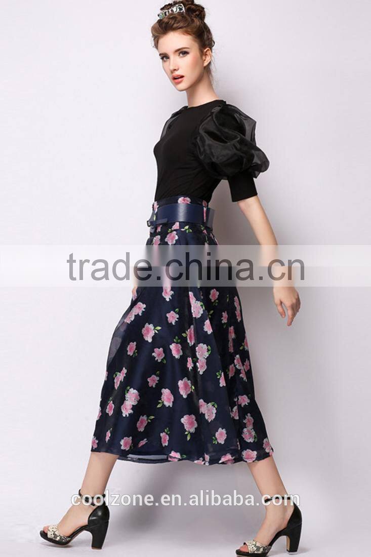 100% Polyester Sweet Floral Midi A-Line Bubble Skirt