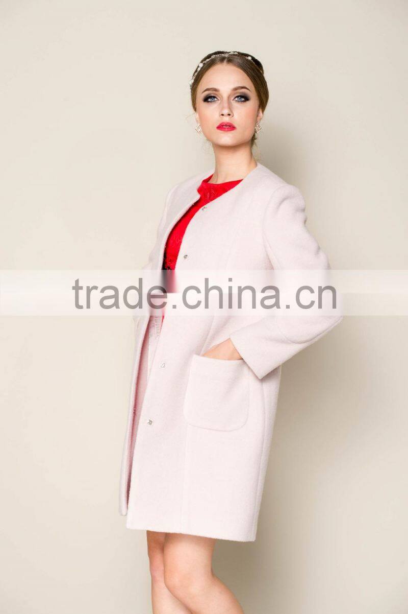 2015 latest fashionable o neck apricot plain style brand name women winter coat