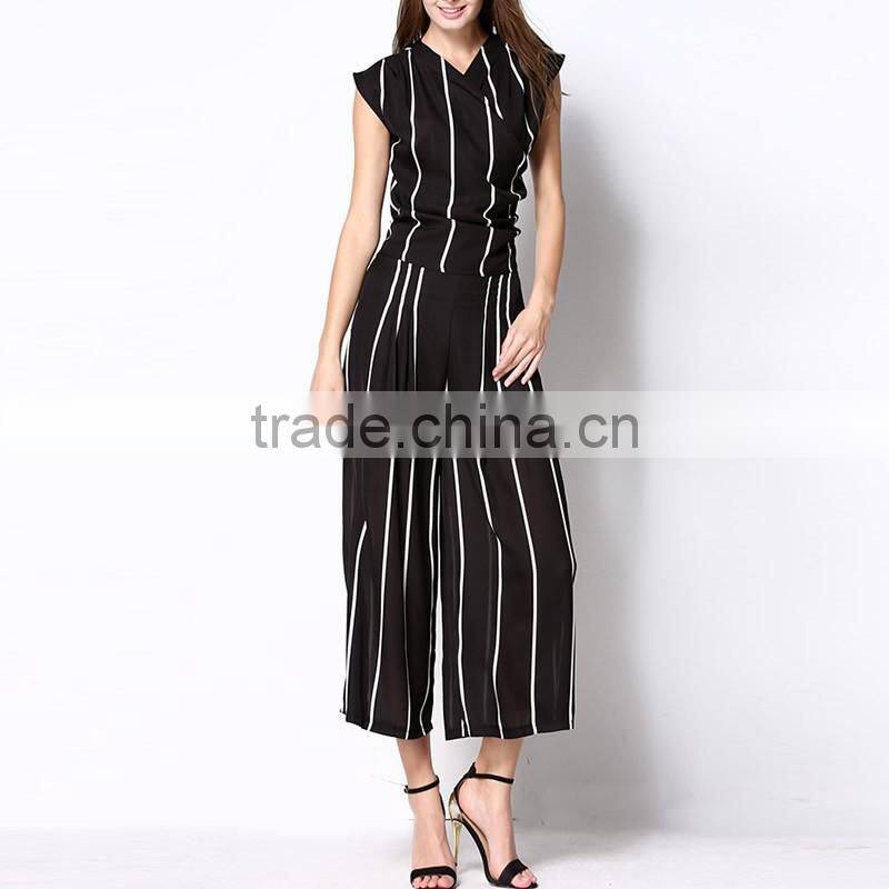 Chiffon Women Casual Set Pants Different Size & top printed striped black