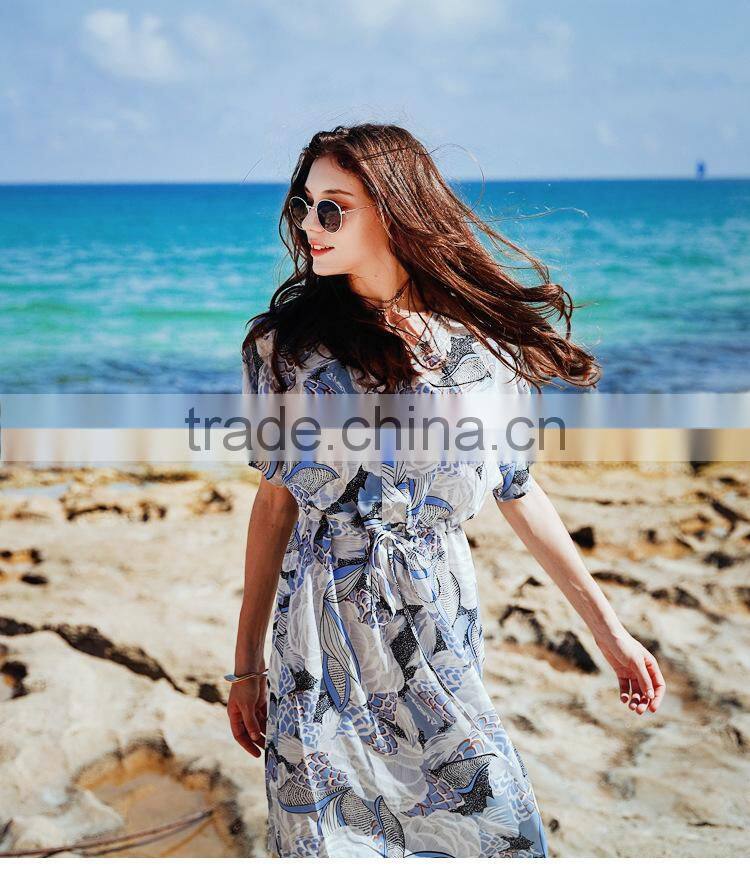 Summer new design casual dresses beach wind style printing high-waist elegant thin ladies long Chiffon Dress