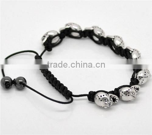 Clear Rhinestone Halloween Skull Beads & Hematite Beads & Black Braiding Adjustable Bracelet 20cm-25cm