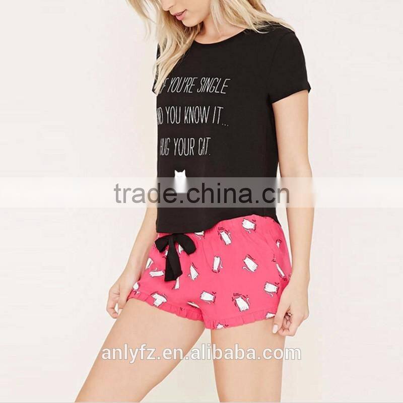 Anly pajamas women hot 2016 lovely cat print short sleeve short suits