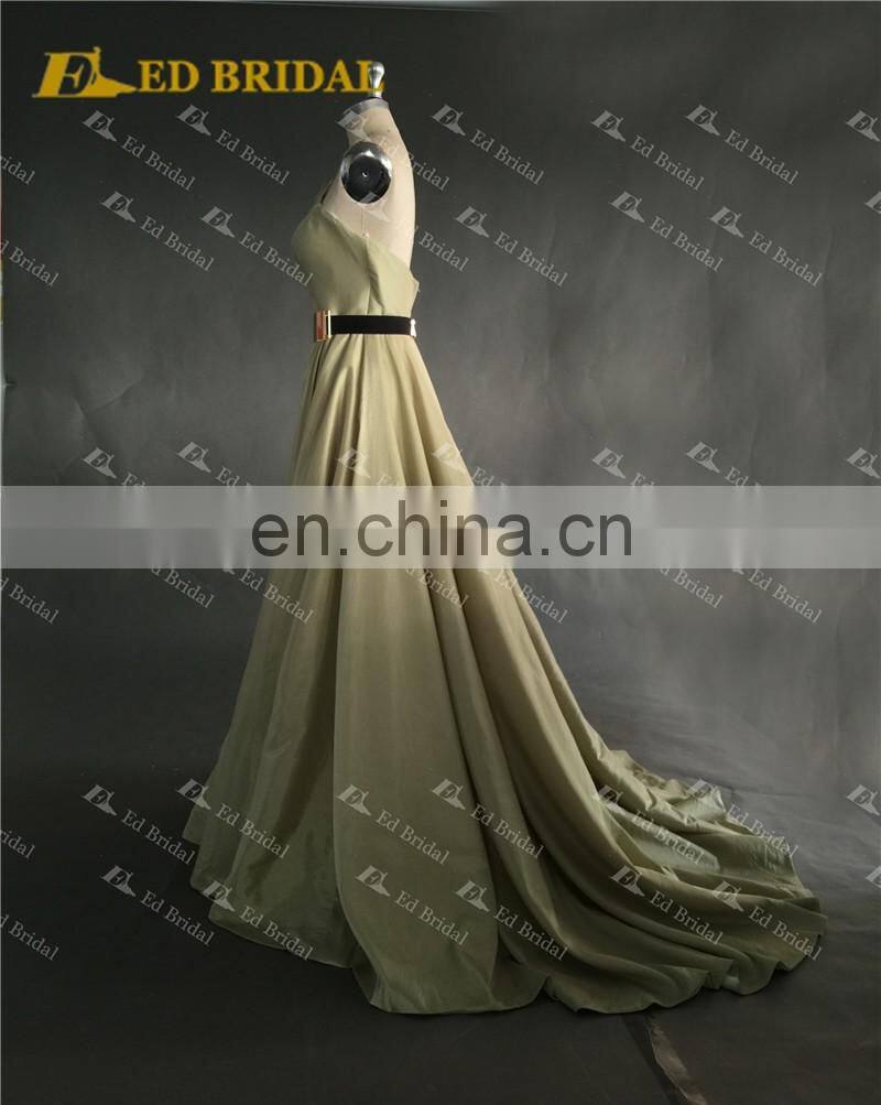 LN146 Real sample 2016 fashion golden belt unique neckline olive green taffeta wholesale maxi evening dress
