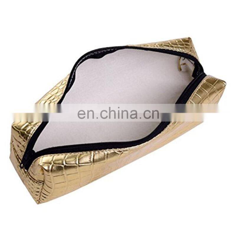 Square Pattern Pen Organiser Travel Golden PU Leather Pencil Case