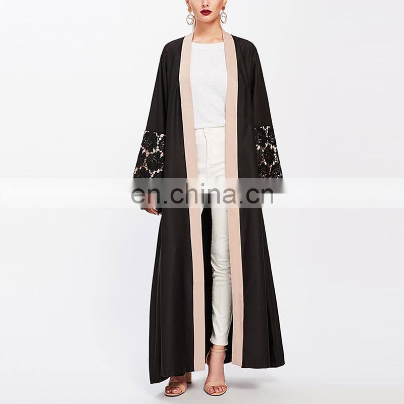 OEM factory contrast floral lace modern open abaya for malaysia